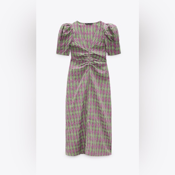 Zara Dresses & Skirts - Zara Purple Plaid Puff Sleeve Midi Green/Pink Ruched Front Sz L